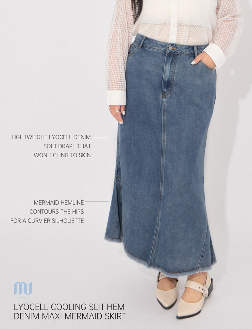 MORE U Cooling Silky Denim Slit Plus Size Mermaid Skirt