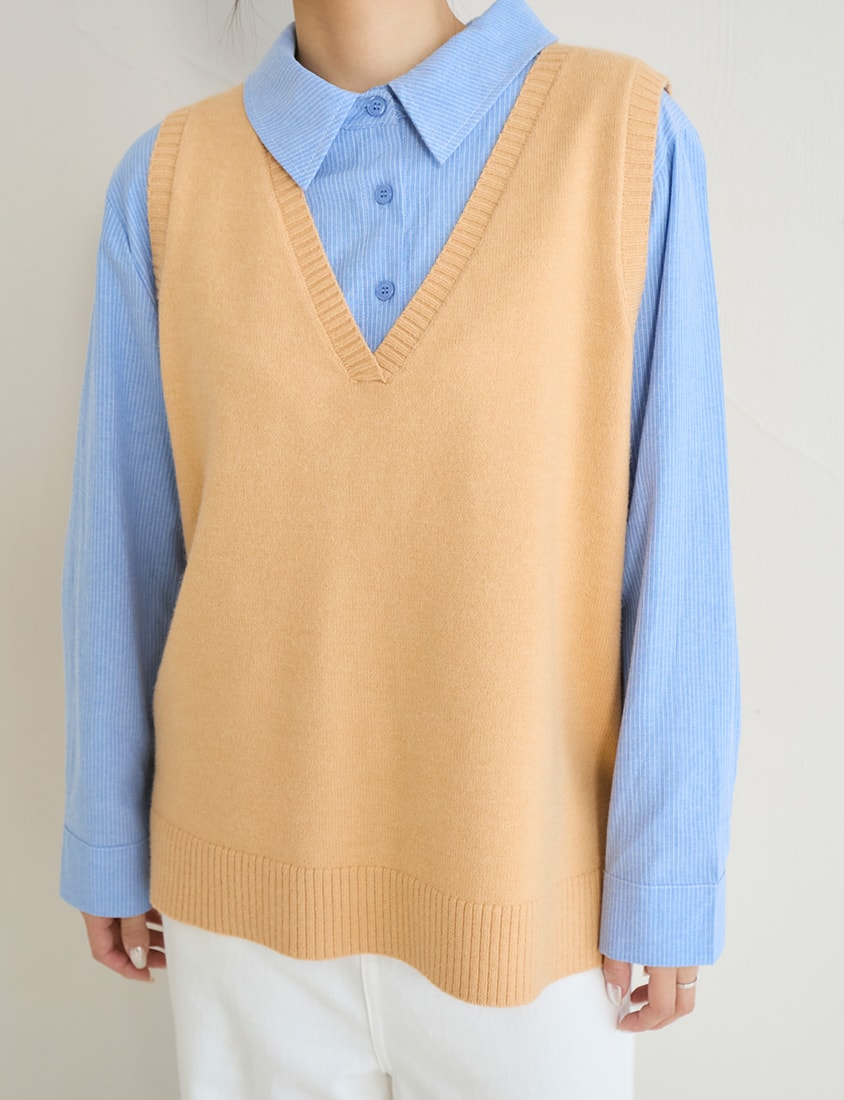 Versatile Multicolor V-Neck Mid-Length Plus Size Knit Vest