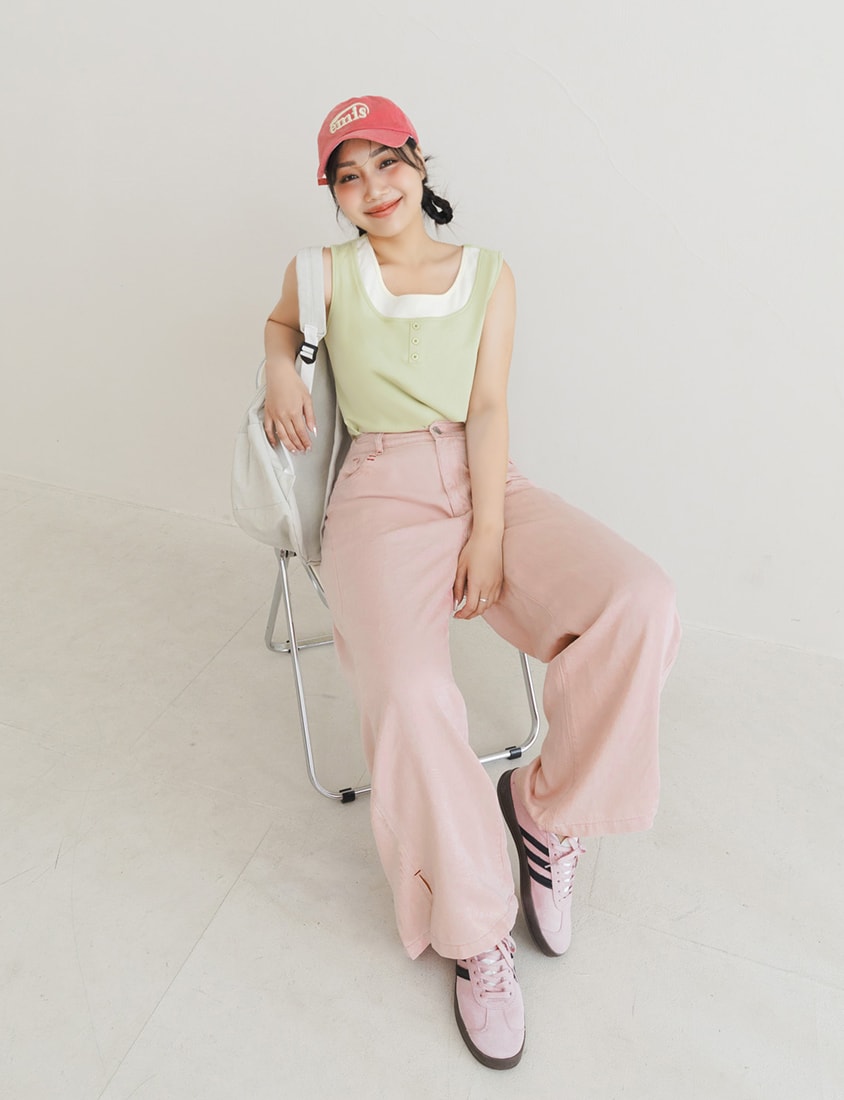 Lyocell Cooling Contrast Stitch Slit Plus Size Wide-Leg Pants