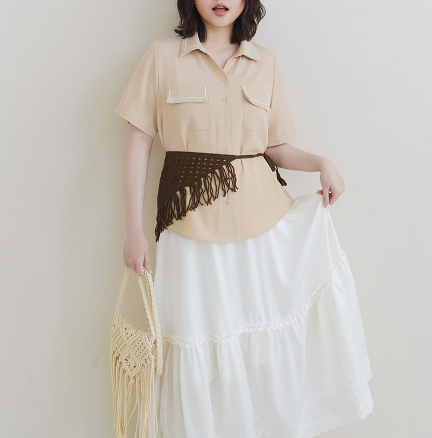 Color-Block Embroidered Pocket Plus-Size Short Sleeve Shirt