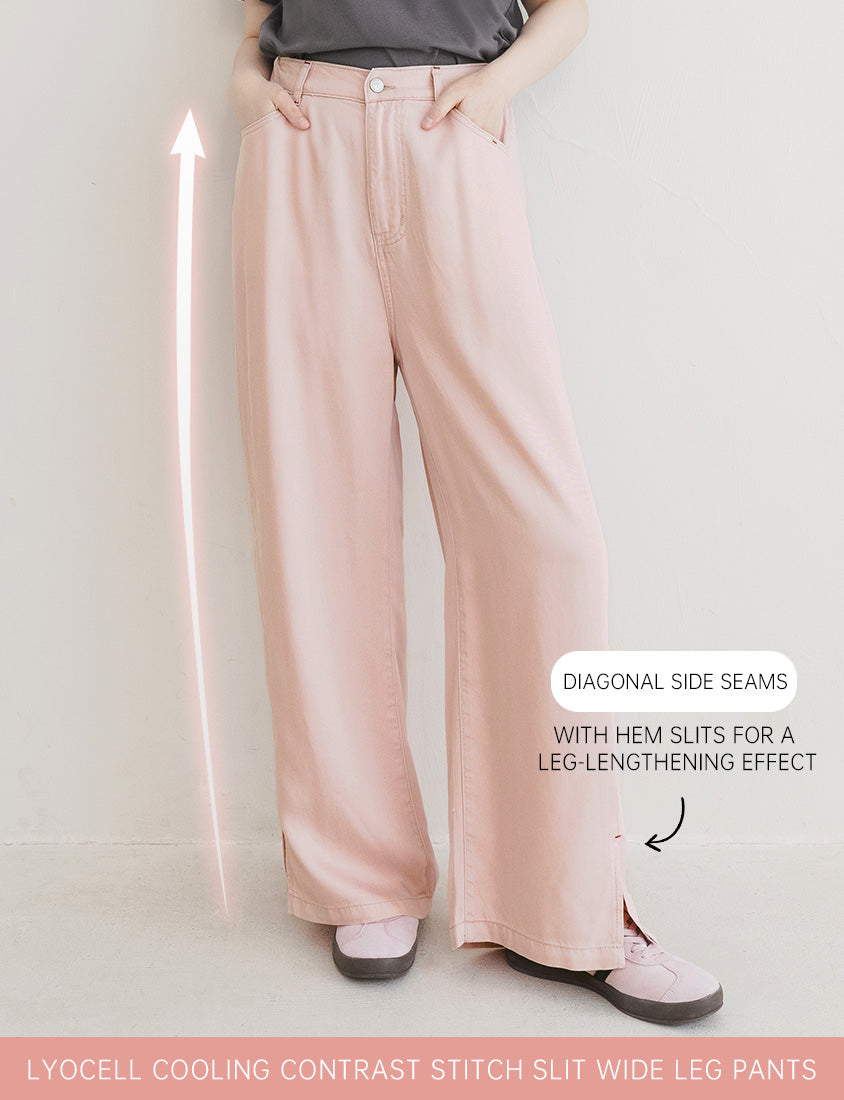 Lyocell Cooling Contrast Stitch Slit Plus Size Wide-Leg Pants