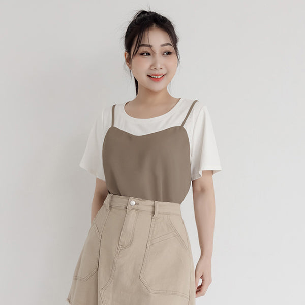 Sweetheart Neckline Twill Faux Two-Piece Plus Size Top