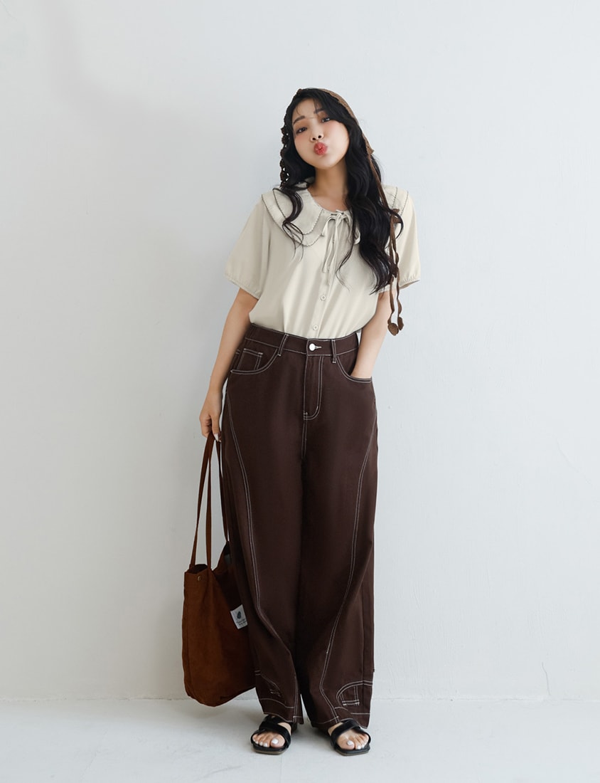 Double Layer Collar Tie Puff Sleeve Plus Size Blouse