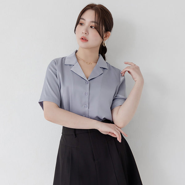 MISS. Glossy Satin Cuban Collar Plus Size Shirt With Floral Buttons