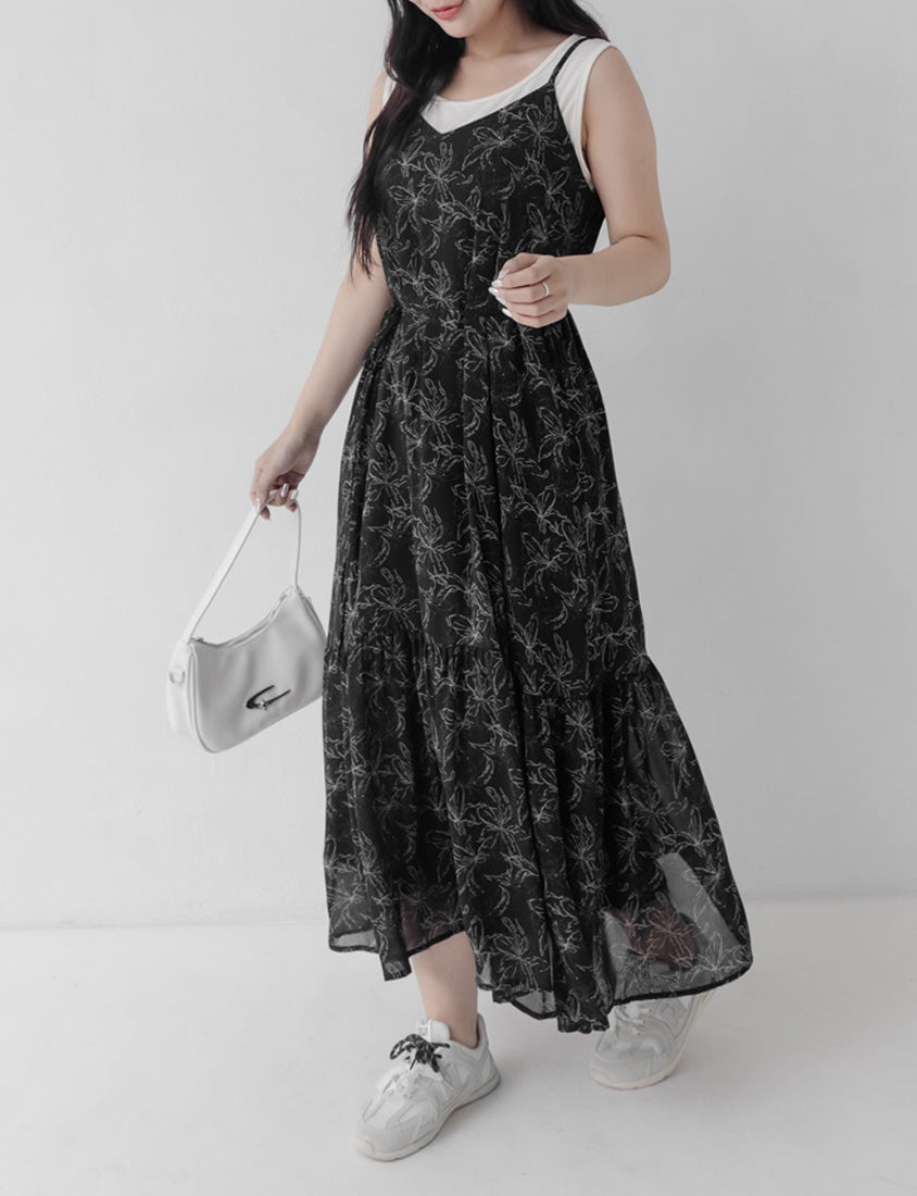 Adjustable Hand-Painted Floral Cami Dress (with Waist Tie)