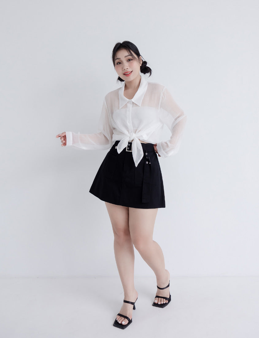 Crinkled Texture Sheer Plaid Plus Size Long Sleeve Shirt