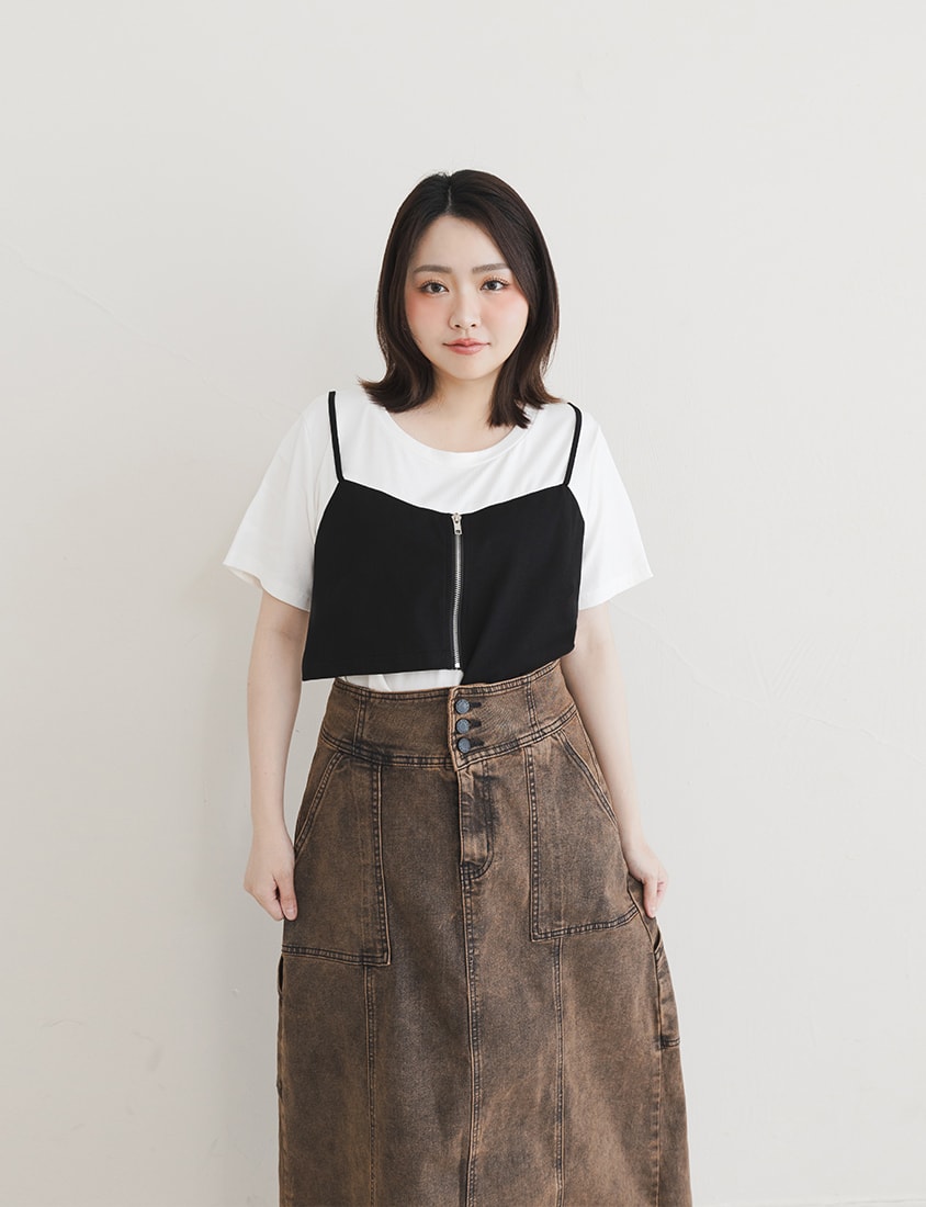 Asymmetric Front Zip Plus Size Layered Tee