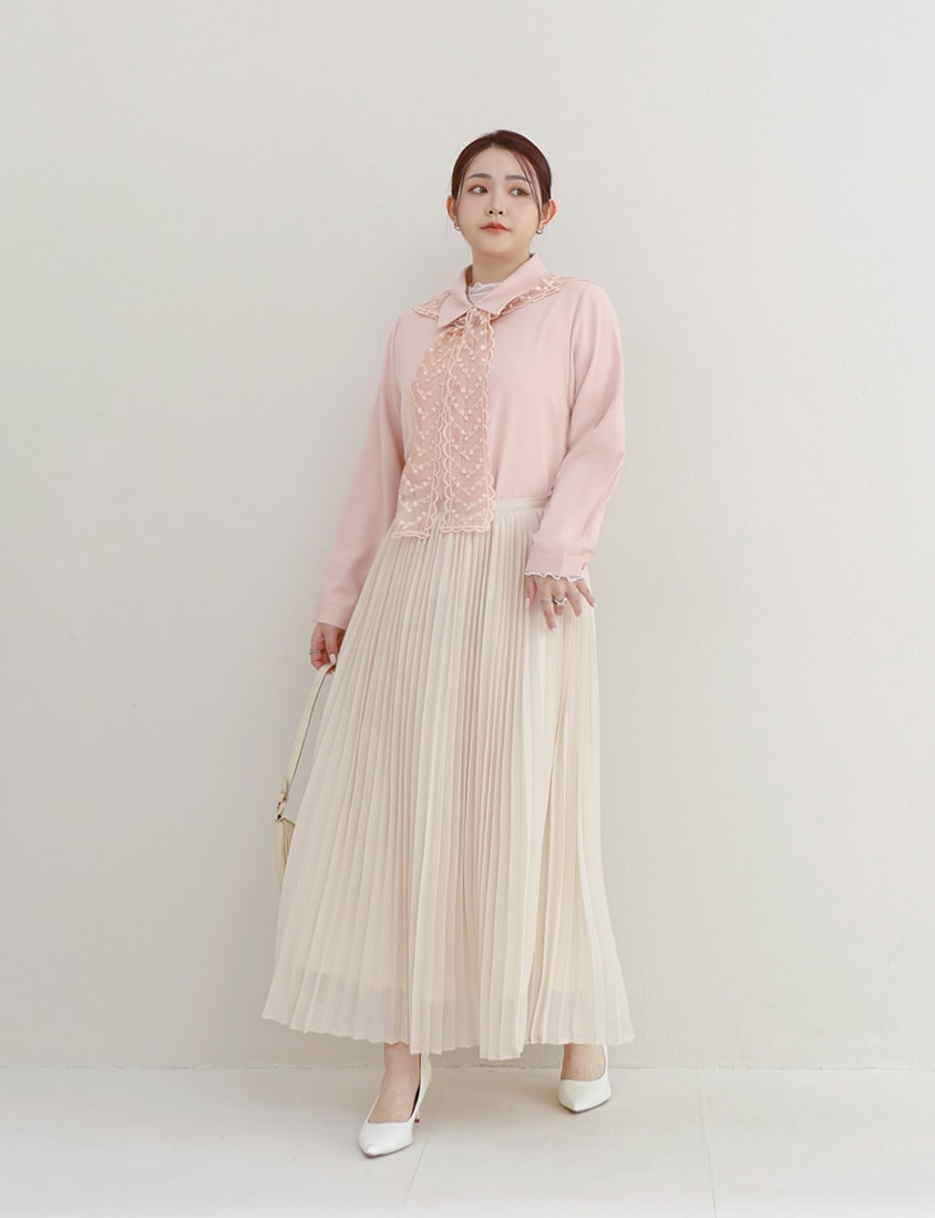 MISS. Elegant Fine-Pleated Double Layer Sheer Plus Size Maxi Skirt