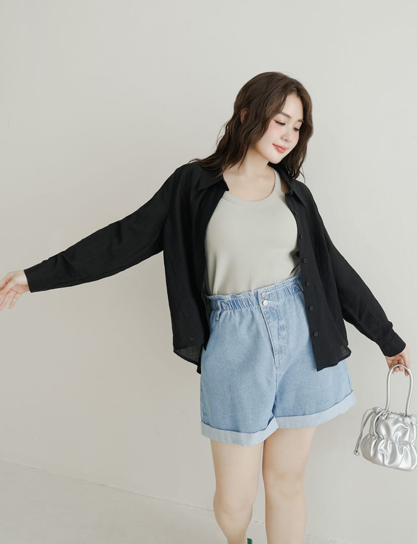 Crinkled Texture Sheer Tie-Back Plus Size Long Sleeve Shirt