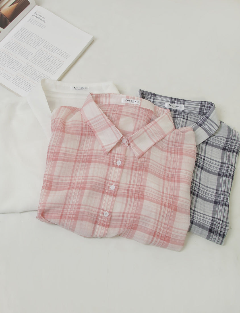 Crinkled Texture Sheer Plaid Plus Size Long Sleeve Shirt