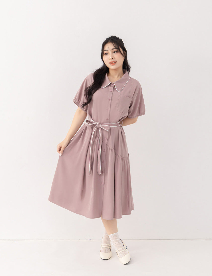 Color-Trimmed Plus Size Puff Sleeve Maxi Dress (With Waist Tie)