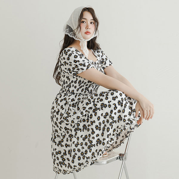Daisy Print Square Neck Smocked Puff Sleeve Plus Size Mini Dress