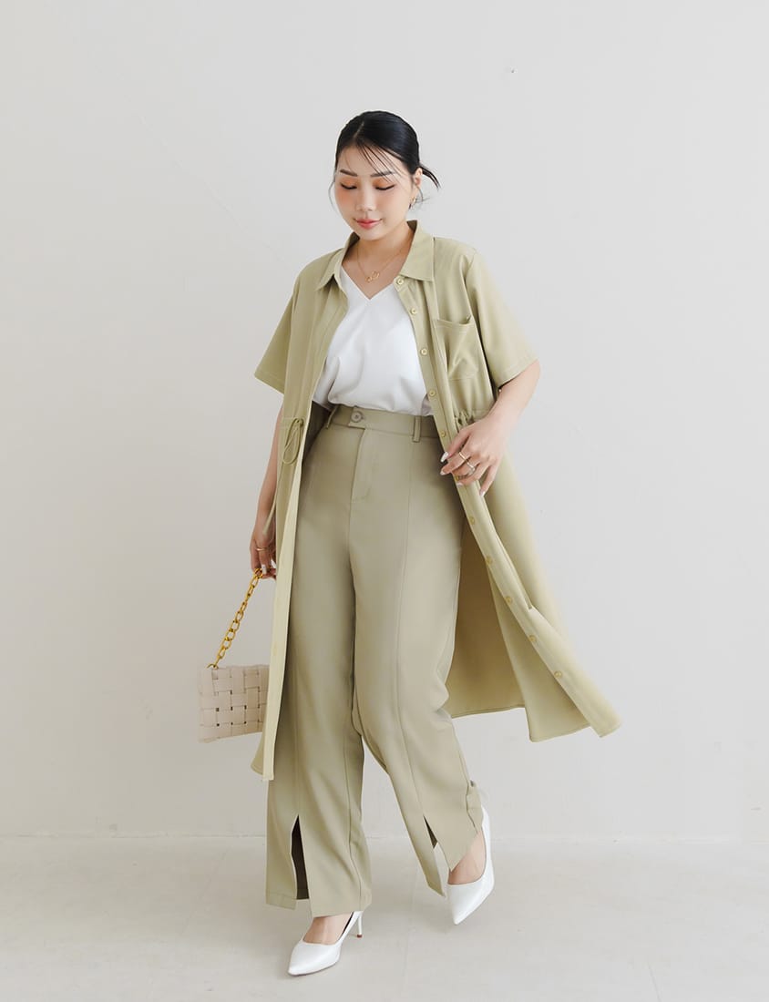 MISS. Contrast Stitch Drawstring Long Plus Size Shirt