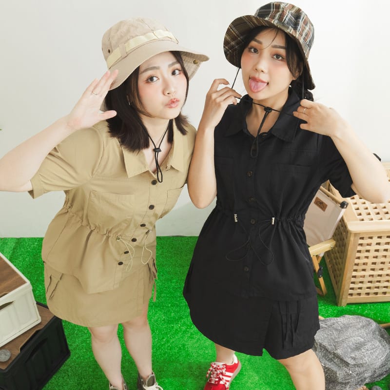 Pockets Cargo Drawstring Waist Plus Size Shirt