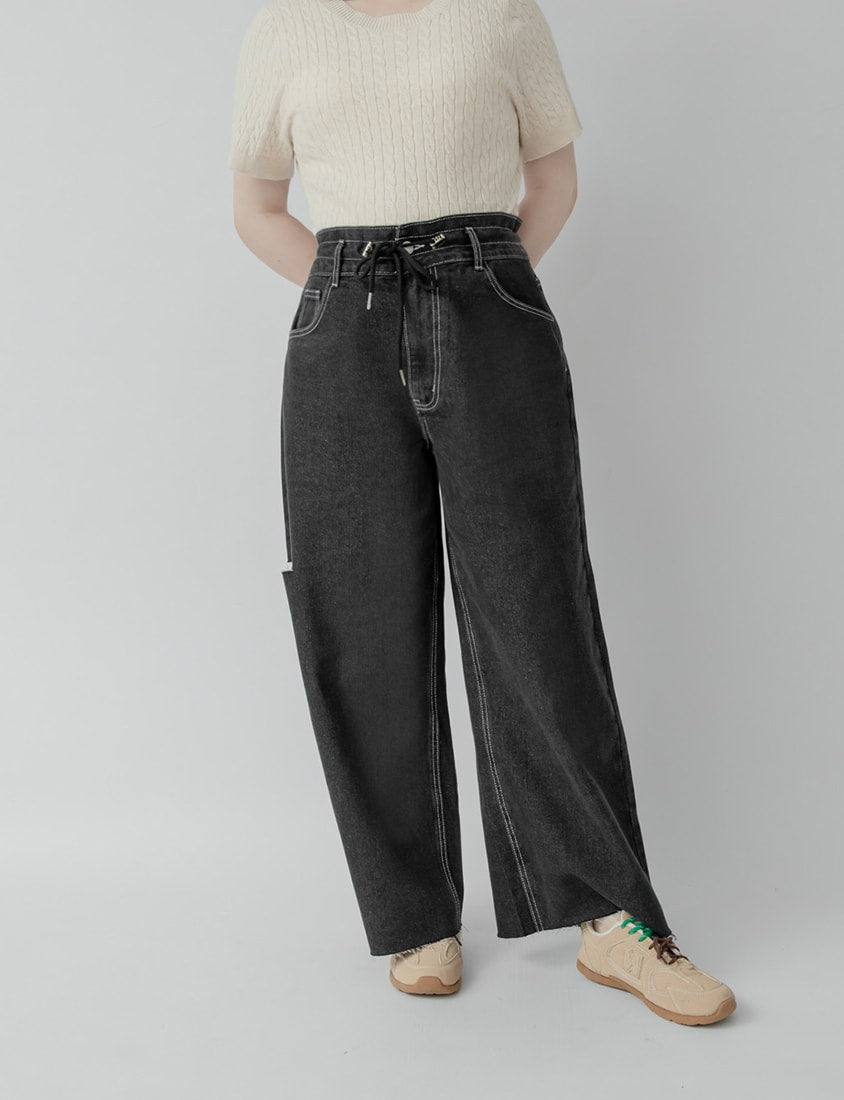 Edgy Contrast Drawstring Plus Size Distressed Jeans