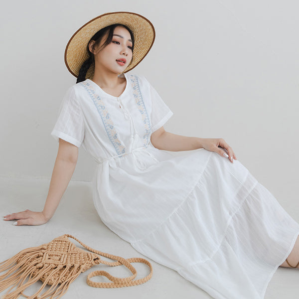 Boho Jacquard Embroidered Plus-Size Maxi Dress (with Waist Tie)