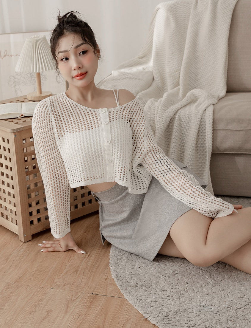 Knit Eyelet Hollow Faux Button Plus Size Top