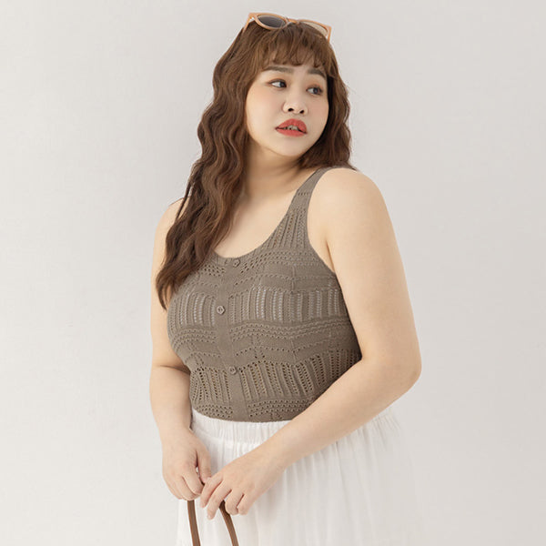 Floral Mock Button Hollow Plus Size Knit Vest