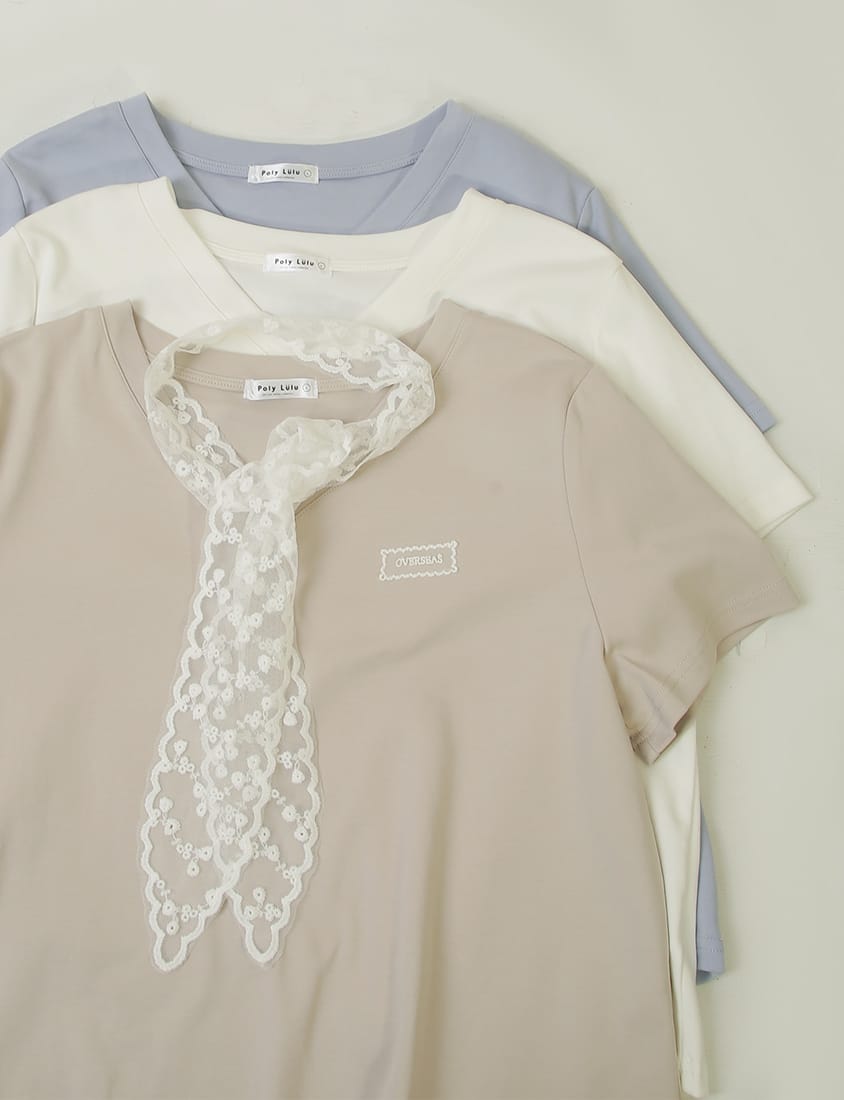 MISS. Cooling V-Neck Lace Plus Size Embroidered Tee (with Scarf)