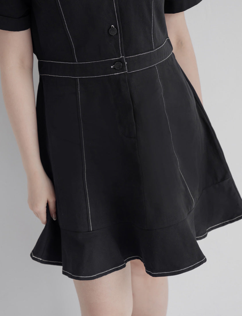 Twill Cuban Collar Cargo Ruffle Hem Plus Size Mini Dress