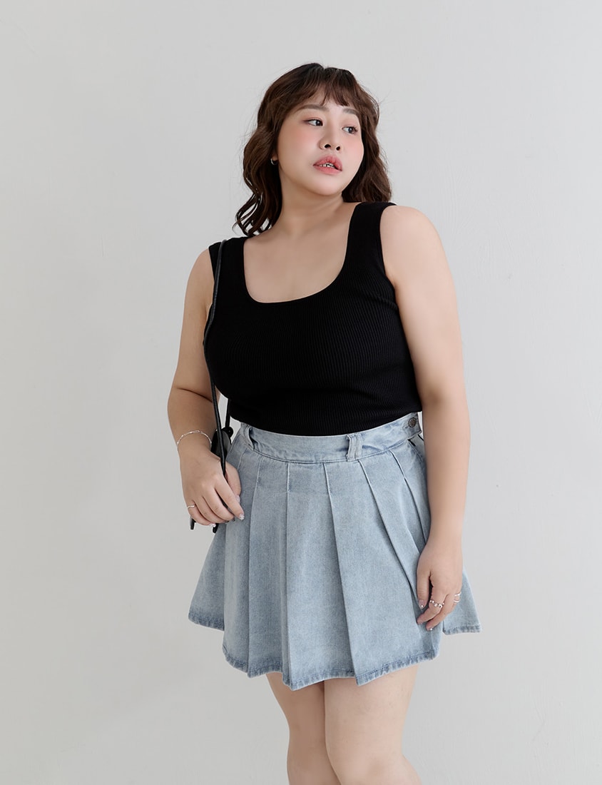 Playful Pleated Denim Mini Skirt (with Button)