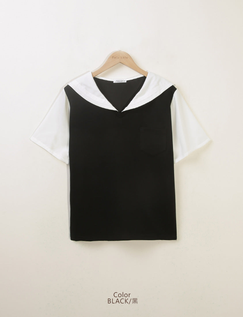 Space Cotton Sailor Collar Faux Two-Piece Plus Size Top