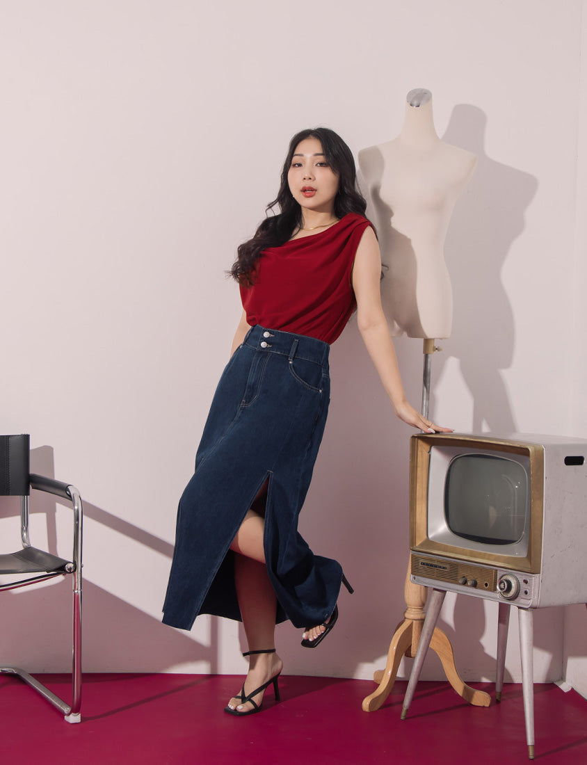 MUA! Front Slit High-Waist Denim A-Line Plus Size Maxi Skirt