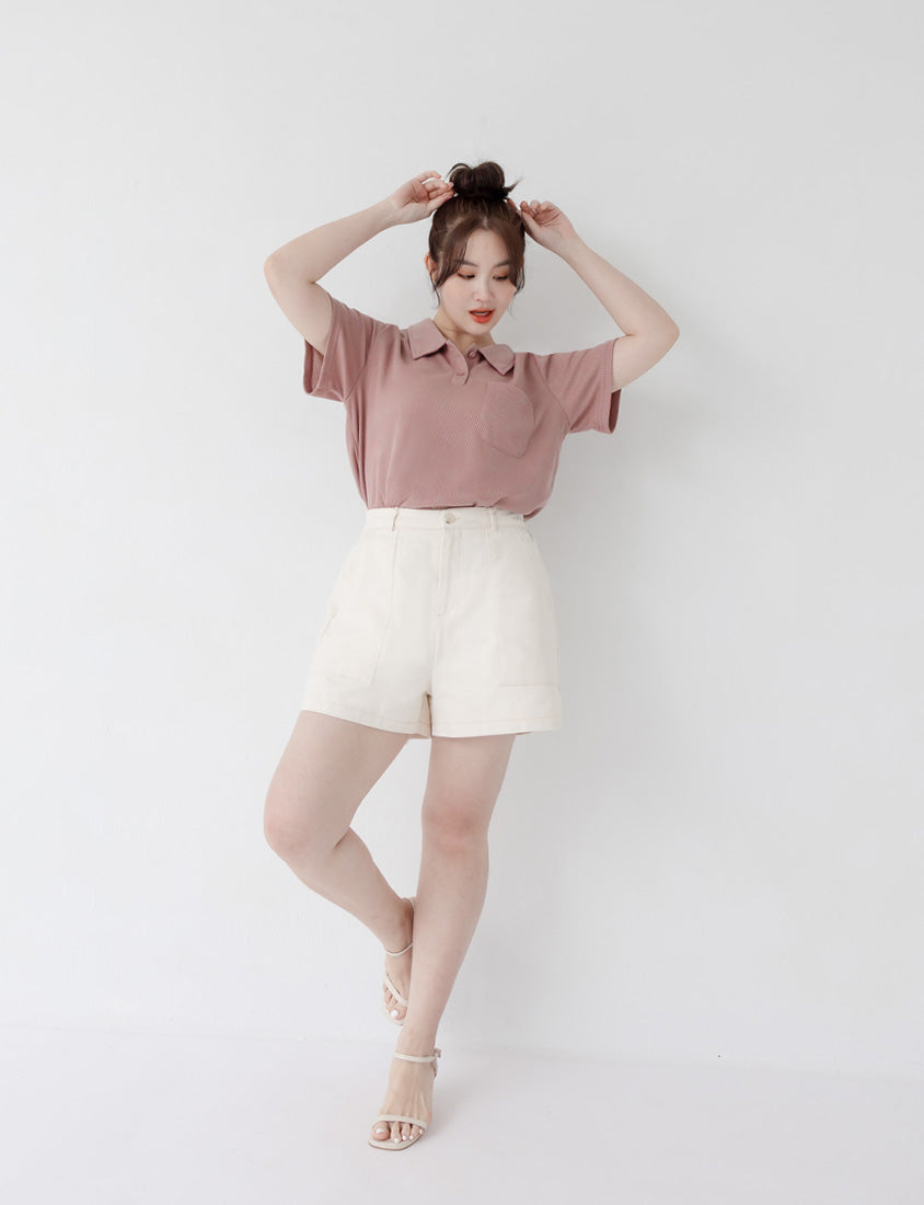 Twill Contrast Stitch High Waist Plus Size Shorts