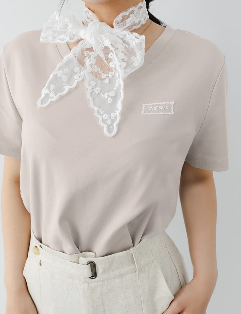 MISS. Cooling V-Neck Lace Plus Size Embroidered Tee (with Scarf)