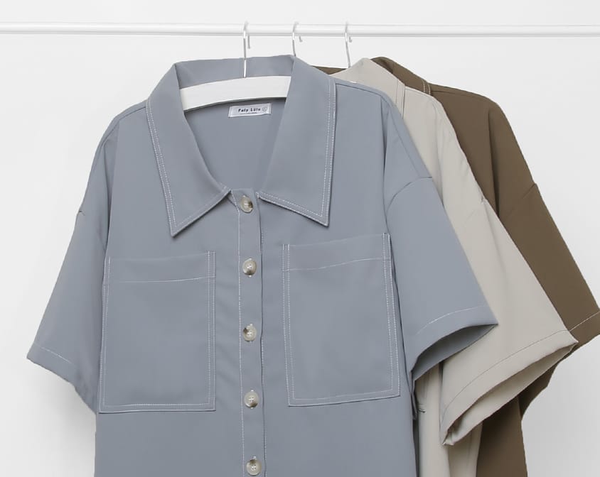Color-Block Stitched Large Pocket Plus Size Short Sleeve Shirt