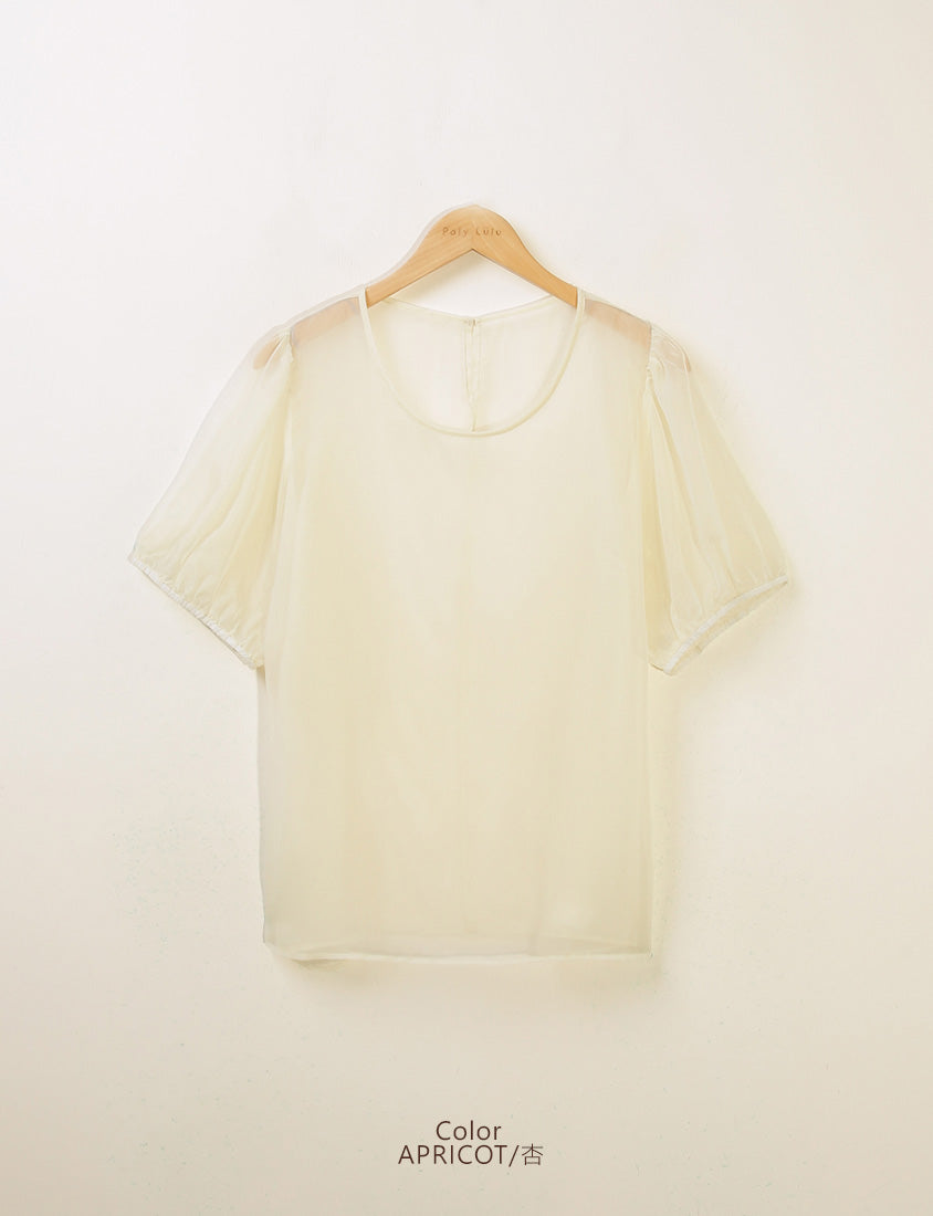 MISS. Sheer Textured Round Neck Puff-Sleeve Plus Size Blouse