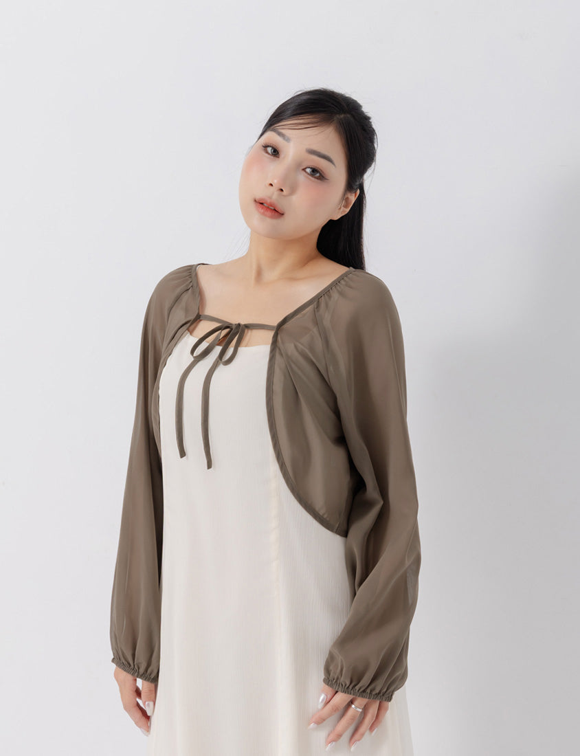 Japanese Style Puff Sleeve Tie Sheer Cropped Plus Size Cover-Up