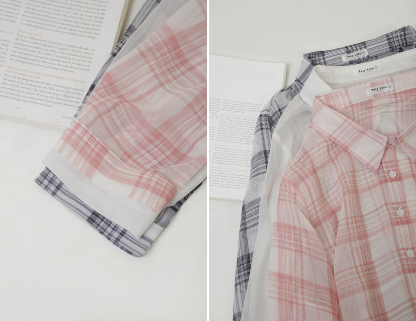 Crinkled Texture Sheer Plaid Plus Size Long Sleeve Shirt