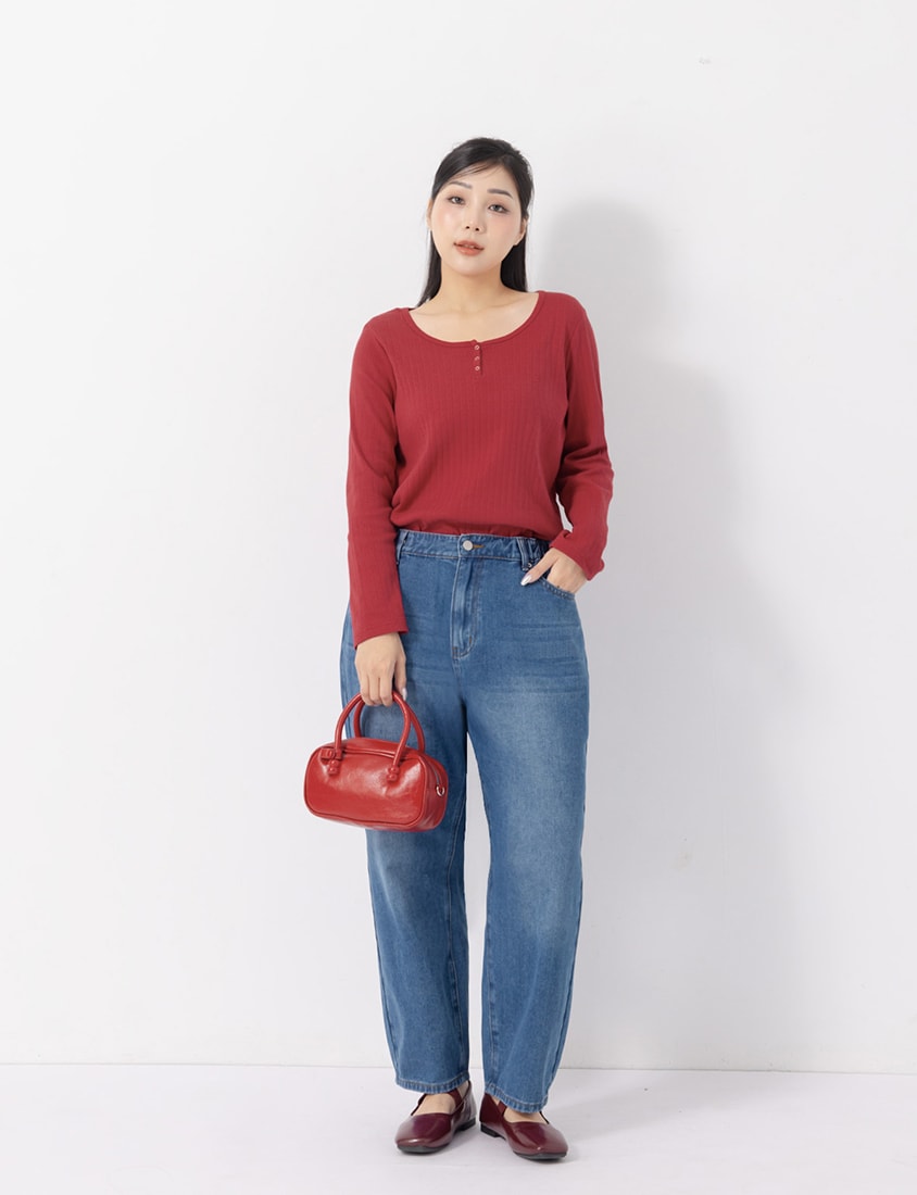 Jacquard Ribbed Button-Front Plus Size Crewneck Top