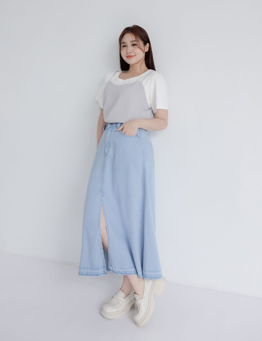 Lyocell Cooling Slit Plus Size Denim Maxi Skirt