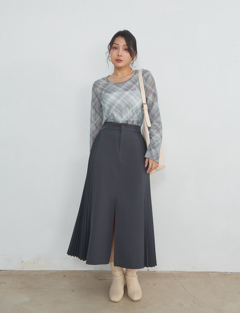 MISS. Vintage Sheer Checkered Plus Size Long Sleeve Top