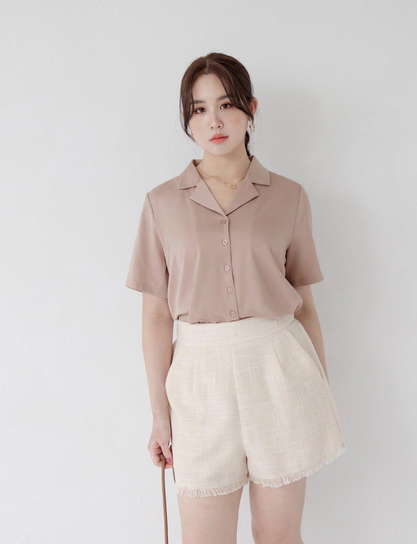 MISS. Glossy Satin Cuban Collar Plus Size Shirt With Floral Buttons