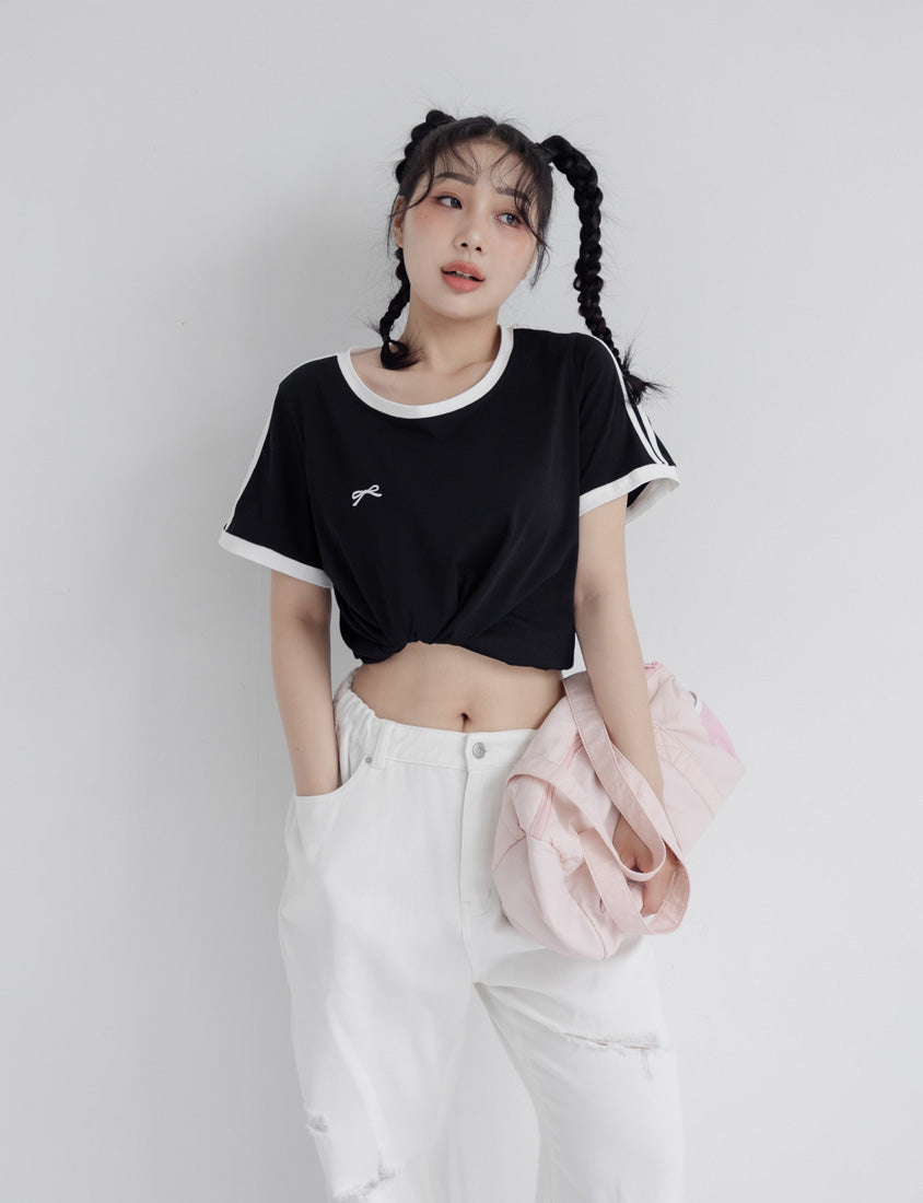 American Style Sporty Bow Embroidery Plus Size Tee