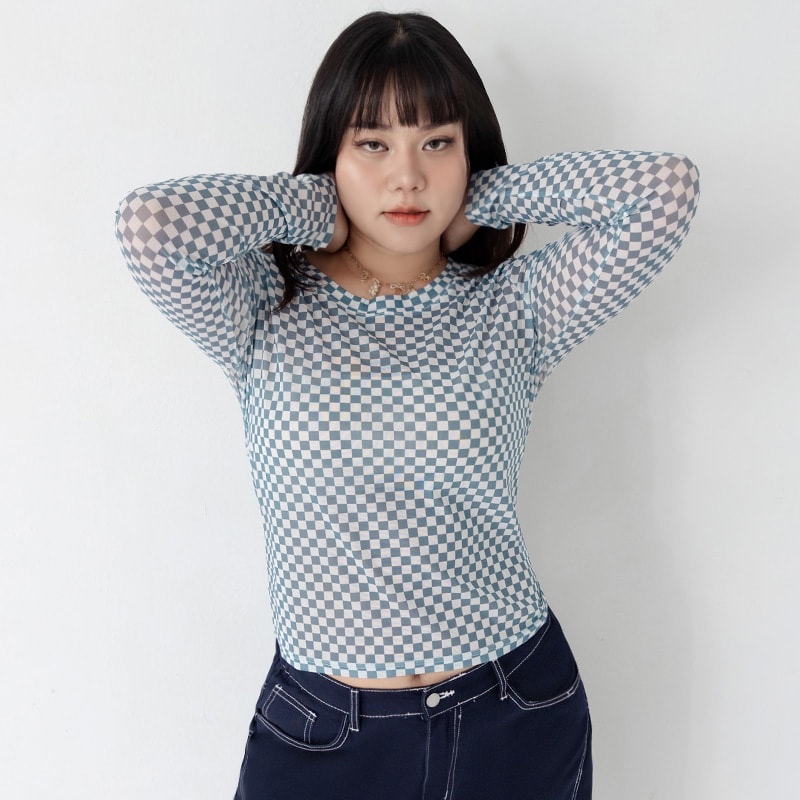 MUA! Sexy Checkered Mesh Long Sleeve Plus Size Top