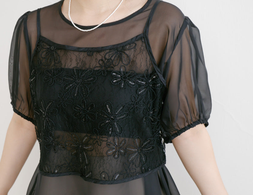 MISS. Sheer Textured Round Neck Puff-Sleeve Plus Size Blouse