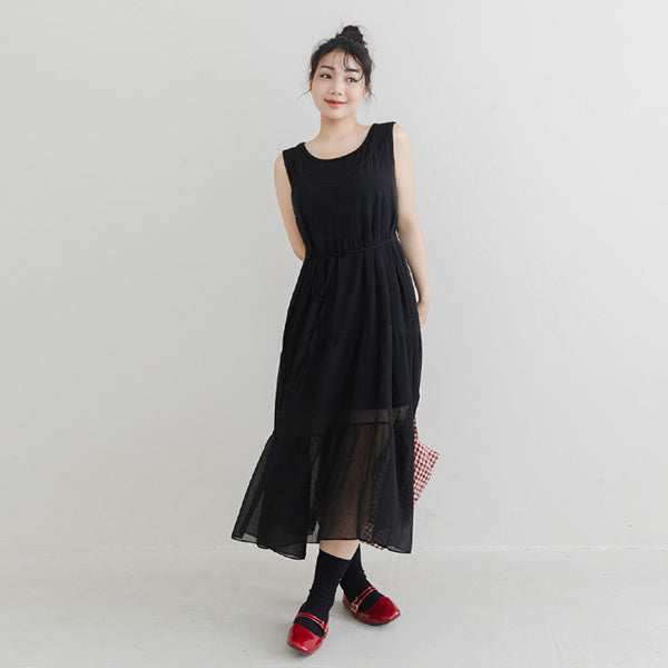 Two Piece Sheer Crinkled Tiered Plus Size Maxi Dress (with Inner Tank)