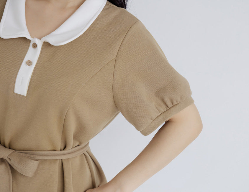 Color-Block Polo Collar Plus Size Mini Dress (With Belt)