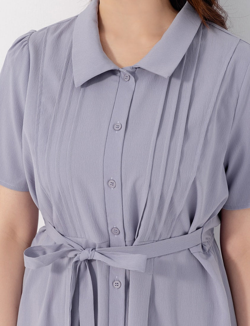 Pleated Textured Button-Down Elastic Back Plus Size Maxi Dress