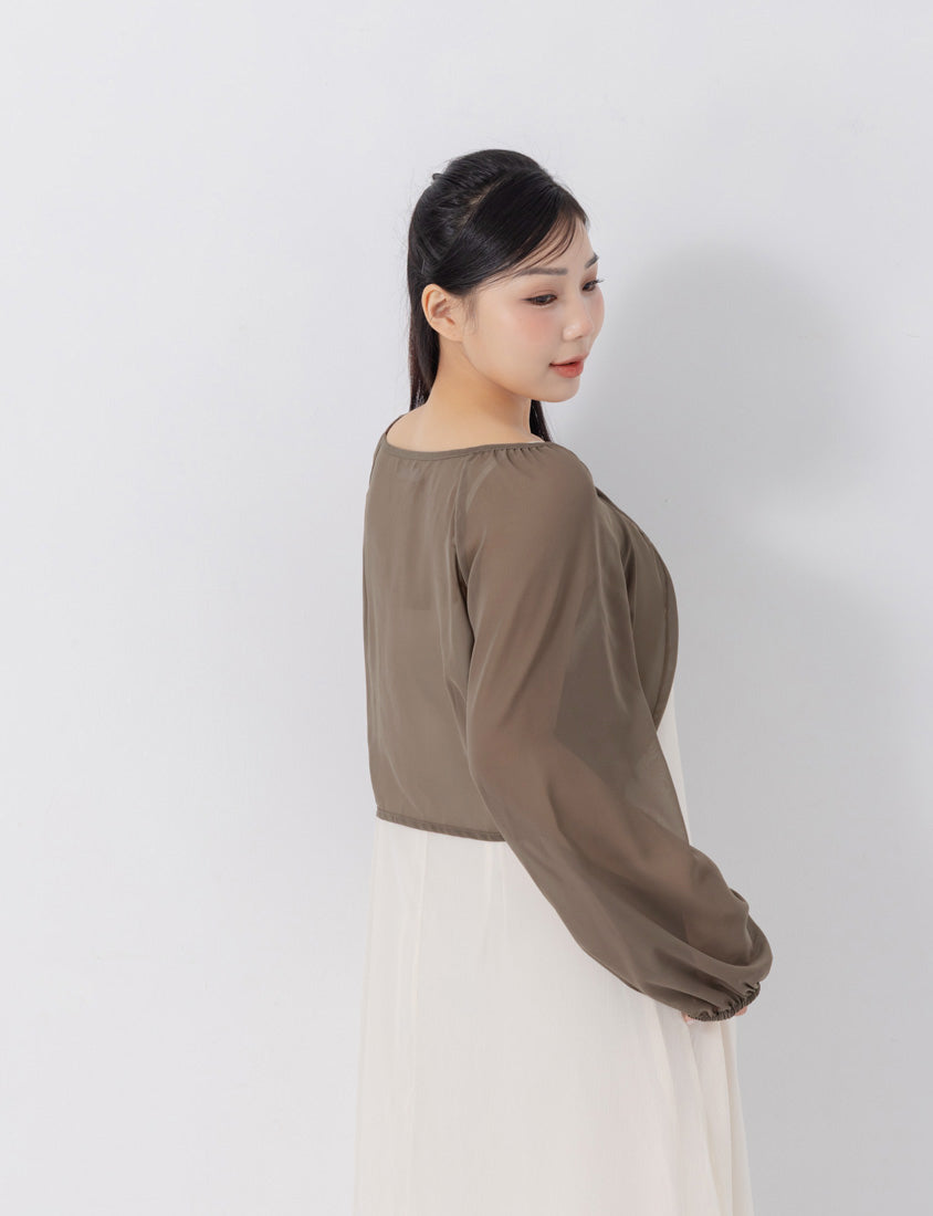 Japanese Style Puff Sleeve Tie Sheer Cropped Plus Size Cover-Up