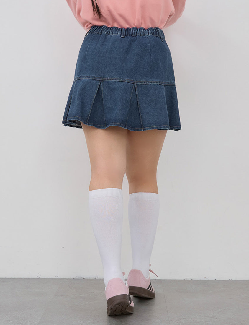 Vintage Washed Pleated Plus Size Denim Skort (With Pants)