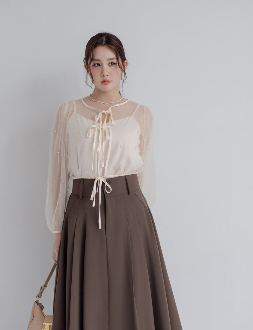 MISS. Romantic Sheer Pearl-Embellished Tie Plus Size Blouse