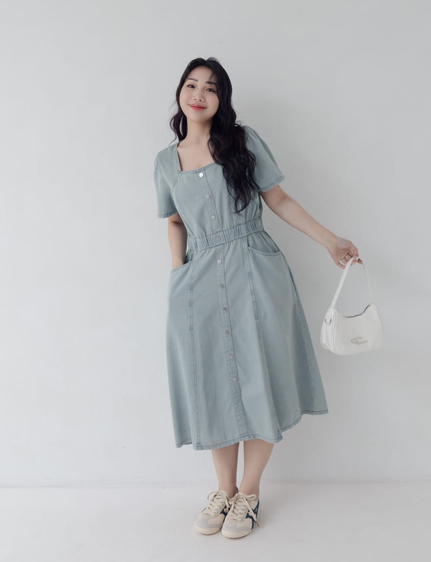 Square Neck Faux Button Elastic Waist Plus Size Denim Maxi Dress