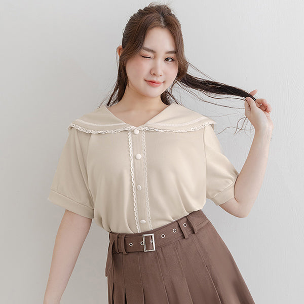 Space Cotton Sailor Collar Plus Size Lace Top