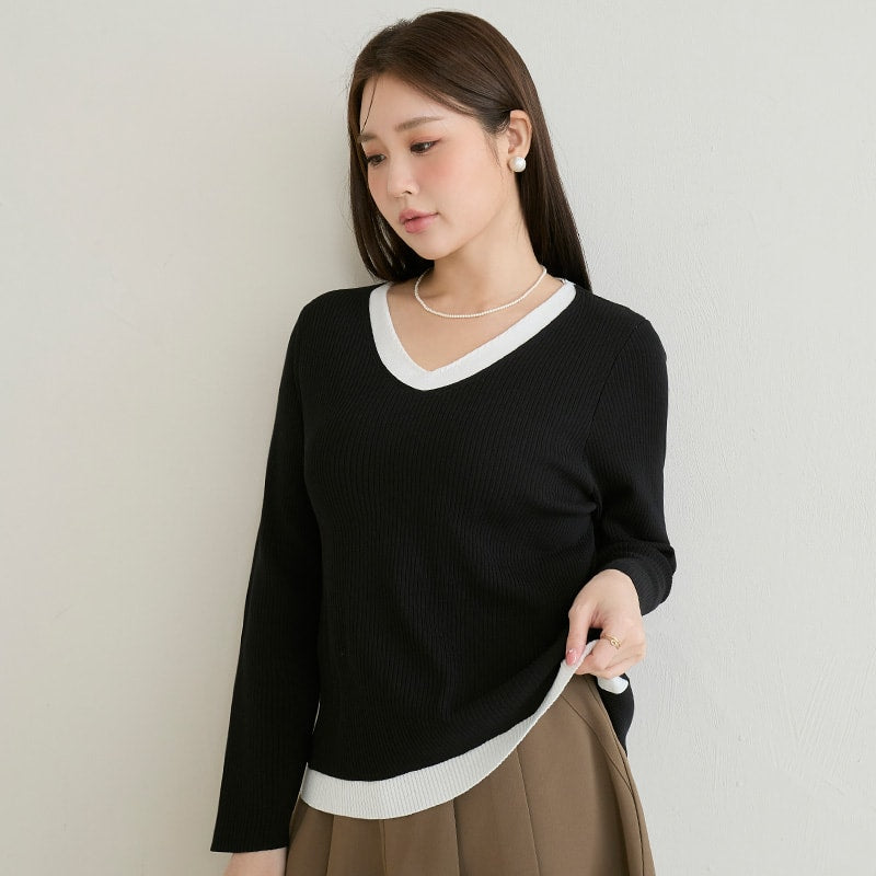 MISS. Faux Two Piece Ribbed Knit Plus Size Long Sleeve Top