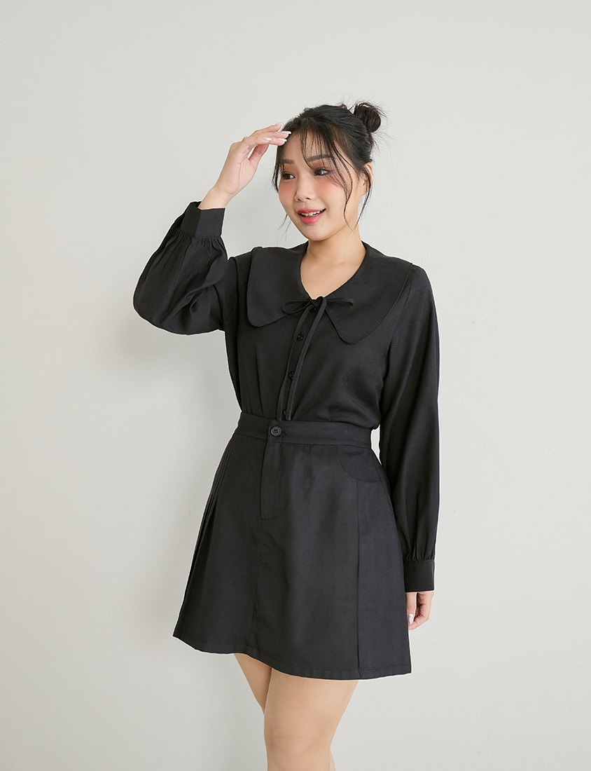 Asymmetrical Pleated Elastic Back Waist Twill Plus Size Mini Skirt